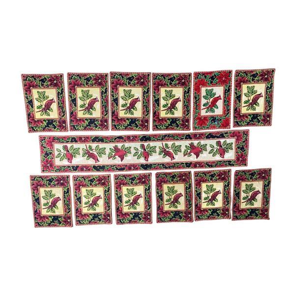 St Nicholas Square Table Runner Wit 12 Placemats Red Christmas Cardinals - Picture 2 of 7